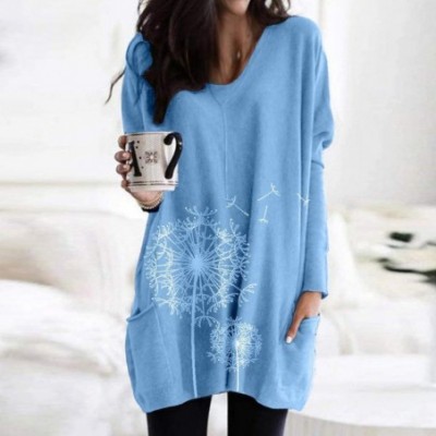 Tops Women Casual O-Neck Printing Pocket Blouse Solid Long Sleeve Patchwork Tops - Blue - CH192E335SZ