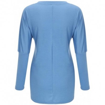 Tops Women Casual O-Neck Printing Pocket Blouse Solid Long Sleeve Patchwork Tops - Blue - CH192E335SZ