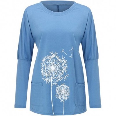 Tops Women Casual O-Neck Printing Pocket Blouse Solid Long Sleeve Patchwork Tops - Blue - CH192E335SZ