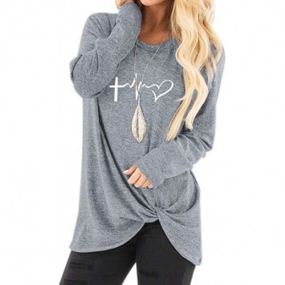 Thermal Underwear Women's Casual Crew Neck Long Sleeve T-Shirt Comfy Twist Knot Tunics Baggy Loose Fit Plain Tops - E-gray - ...