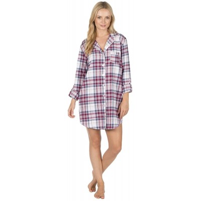 Tops Womens Flannel Nightshirt - 100% Cotton Checked Button Up Nightie - Plum - CU1867AZZTL