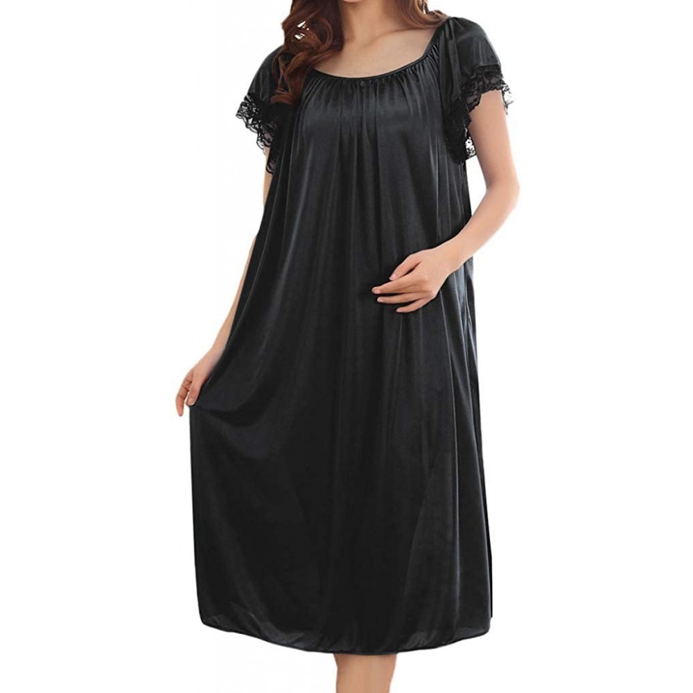 Nightgowns & Sleepshirts Summer Home Wear Sleepshirt Lace Trim Short Sleeve Loose Nightgown Dress - Black - CS18NZYS50S