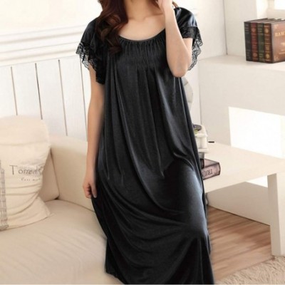 Nightgowns & Sleepshirts Summer Home Wear Sleepshirt Lace Trim Short Sleeve Loose Nightgown Dress - Black - CS18NZYS50S