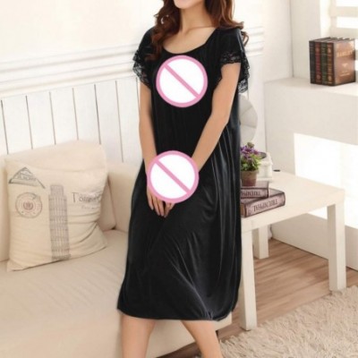 Nightgowns & Sleepshirts Summer Home Wear Sleepshirt Lace Trim Short Sleeve Loose Nightgown Dress - Black - CS18NZYS50S