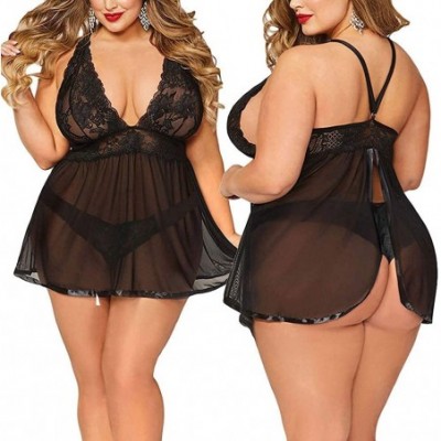 Baby Dolls & Chemises Plus Size Babydoll Lace Underwear Women Lingerie G-String Set Spaghetti Strap V Neck Satin Chemise Nigh...