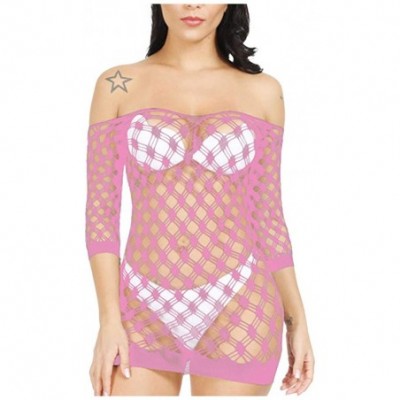 Baby Dolls & Chemises Women's Sexy Hollow Out Buttock Net Sexy Lingerie Transparent Mesh Underwear - Pink - CF1970IUSM0