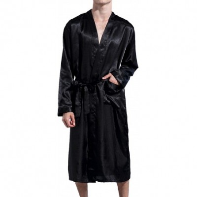 Robes Men's Satin Kimono Robe Long Spa Bathrobes Luxurious Silk Long Sleeve Loungewear - Black - CB18XD6U8H2