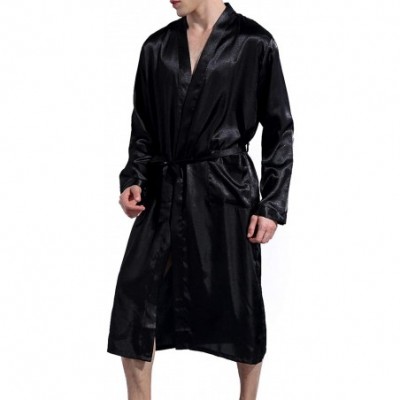 Robes Men's Satin Kimono Robe Long Spa Bathrobes Luxurious Silk Long Sleeve Loungewear - Black - CB18XD6U8H2