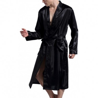 Robes Men's Satin Kimono Robe Long Spa Bathrobes Luxurious Silk Long Sleeve Loungewear - Black - CB18XD6U8H2