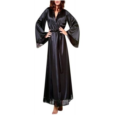 Robes Women Sexy Long Bathrobe Sleepwear Robe Long Silk Kimono Dressing Gown Bath Robe Babydoll Lingerie Nightdress Black - C...