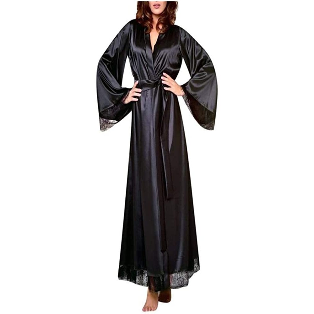 Robes Women Sexy Long Bathrobe Sleepwear Robe Long Silk Kimono Dressing Gown Bath Robe Babydoll Lingerie Nightdress Black - C...