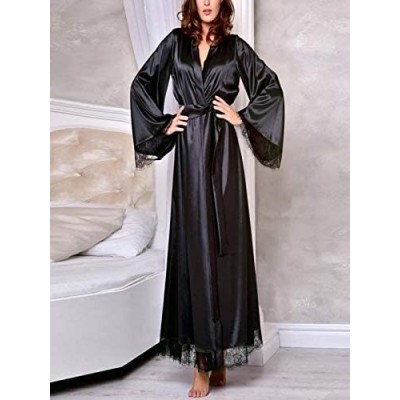 Robes Women Sexy Long Bathrobe Sleepwear Robe Long Silk Kimono Dressing Gown Bath Robe Babydoll Lingerie Nightdress Black - C...