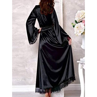 Robes Women Sexy Long Bathrobe Sleepwear Robe Long Silk Kimono Dressing Gown Bath Robe Babydoll Lingerie Nightdress Black - C...