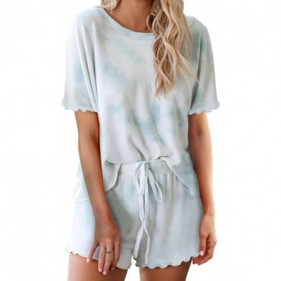 Sets 2020 Women Tie Dye 1/4 Button Long Sleeve Pajama Sets Ruffle Sleepwear Front Drawstring Nightwear Loungewear A sky Blue ...