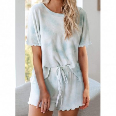 Sets 2020 Women Tie Dye 1/4 Button Long Sleeve Pajama Sets Ruffle Sleepwear Front Drawstring Nightwear Loungewear A sky Blue ...