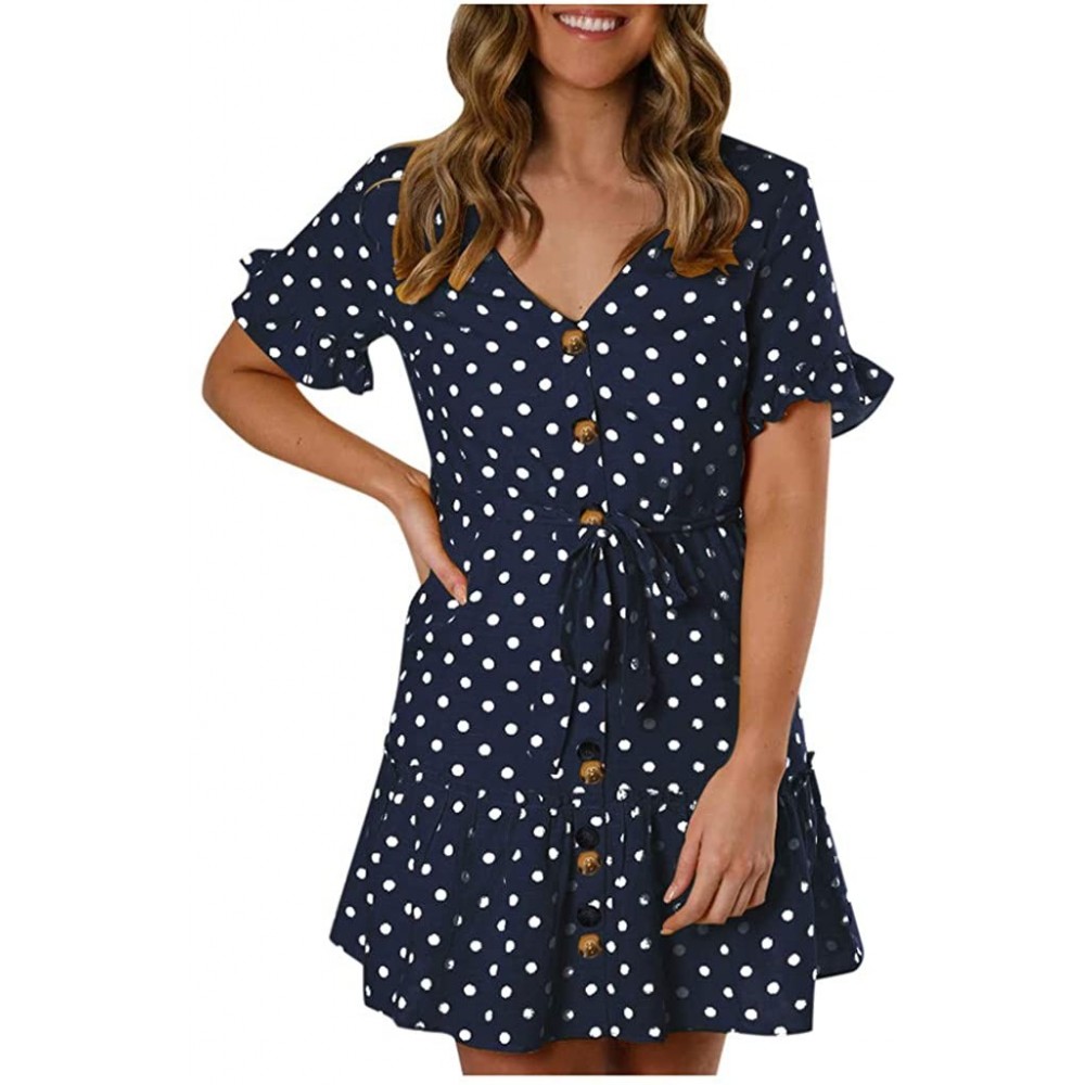 Baby Dolls & Chemises Womens Printed Button Dress Casual Pleated Polka Dot Sundress Mini Dress - Blue - CB193NQ7Z8I