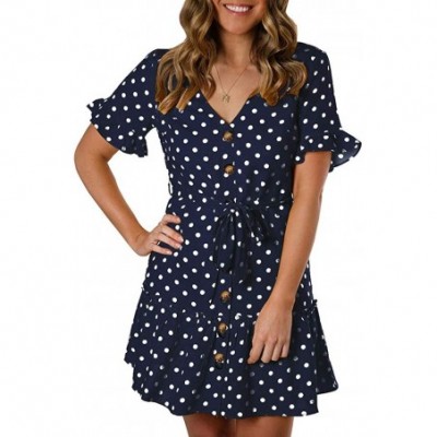 Baby Dolls & Chemises Womens Printed Button Dress Casual Pleated Polka Dot Sundress Mini Dress - Blue - CB193NQ7Z8I