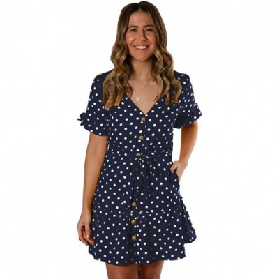 Baby Dolls & Chemises Womens Printed Button Dress Casual Pleated Polka Dot Sundress Mini Dress - Blue - CB193NQ7Z8I