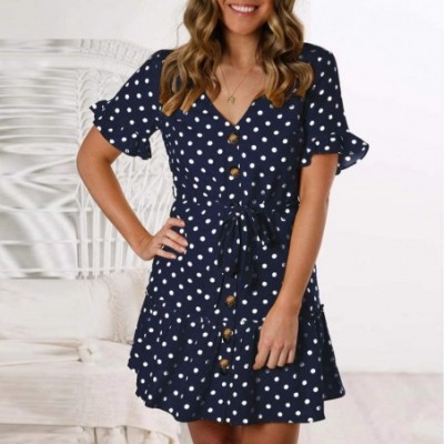 Baby Dolls & Chemises Womens Printed Button Dress Casual Pleated Polka Dot Sundress Mini Dress - Blue - CB193NQ7Z8I