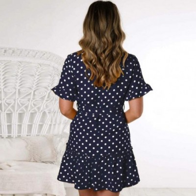 Baby Dolls & Chemises Womens Printed Button Dress Casual Pleated Polka Dot Sundress Mini Dress - Blue - CB193NQ7Z8I