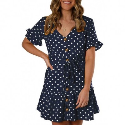 Baby Dolls & Chemises Womens Printed Button Dress Casual Pleated Polka Dot Sundress Mini Dress - Blue - CB193NQ7Z8I