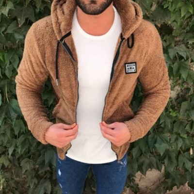 Thermal Underwear Mens Fuzzy Sherpa Fleece Hoodie Jacket Open Front Cardigans Coat with Pockets - A-khaki - C91933DDSW3