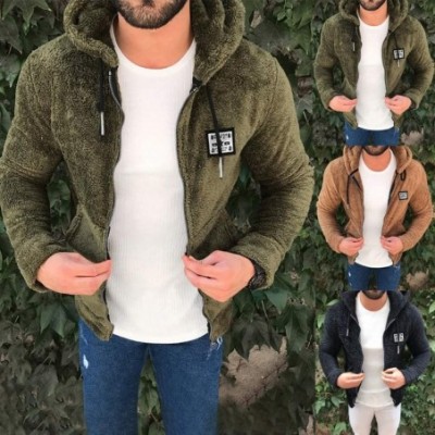 Thermal Underwear Mens Fuzzy Sherpa Fleece Hoodie Jacket Open Front Cardigans Coat with Pockets - A-khaki - C91933DDSW3