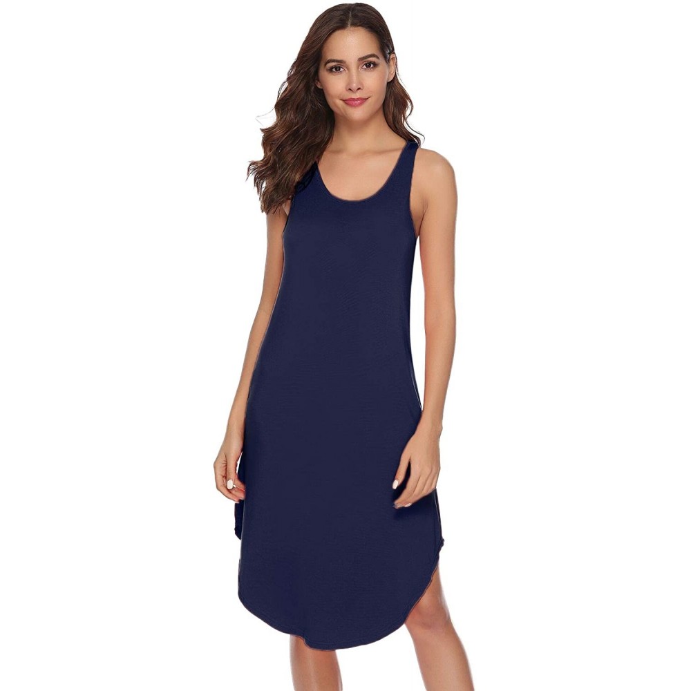 Nightgowns & Sleepshirts Women's Cotton Nightgown Sleeveless Racerback Nightshirt Dress Sleepwear - Navy - CB18E4RQ2TE