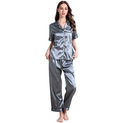 Sets Womens Satin Pajama Set Button Down Sleepwear with 2 Pockets Long Sleeve Notch Collar Nightwear Two Piece - Blue-short S...