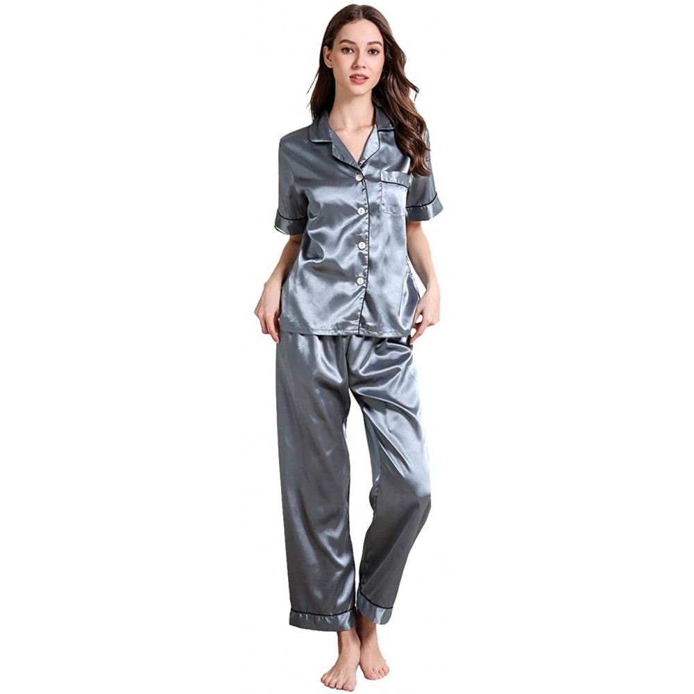 Sets Womens Satin Pajama Set Button Down Sleepwear with 2 Pockets Long Sleeve Notch Collar Nightwear Two Piece - Blue-short S...