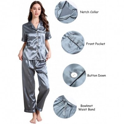 Sets Womens Satin Pajama Set Button Down Sleepwear with 2 Pockets Long Sleeve Notch Collar Nightwear Two Piece - Blue-short S...