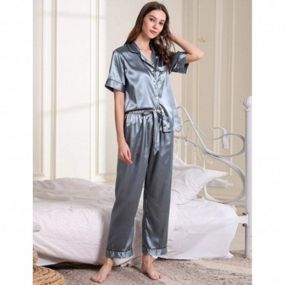 Sets Womens Satin Pajama Set Button Down Sleepwear with 2 Pockets Long Sleeve Notch Collar Nightwear Two Piece - Blue-short S...