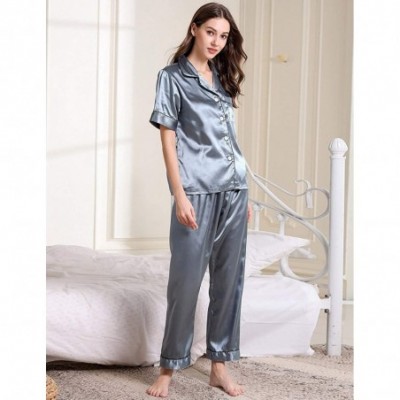 Sets Womens Satin Pajama Set Button Down Sleepwear with 2 Pockets Long Sleeve Notch Collar Nightwear Two Piece - Blue-short S...