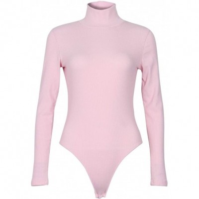 Shapewear Women's Deep V Neck Long Sleeve Bodysuit Ribbed Knit Stretchy Thong Bodysuit Tops - Pink1 - CB192SNCYDQ