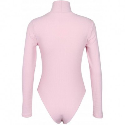 Shapewear Women's Deep V Neck Long Sleeve Bodysuit Ribbed Knit Stretchy Thong Bodysuit Tops - Pink1 - CB192SNCYDQ