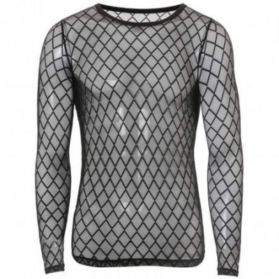 Undershirts Men's Sexy Fishnet See Through Tank Top Muscle Workout Mesh Transparent Breathable Long Sleeve - Black - CP19DLQ80KX