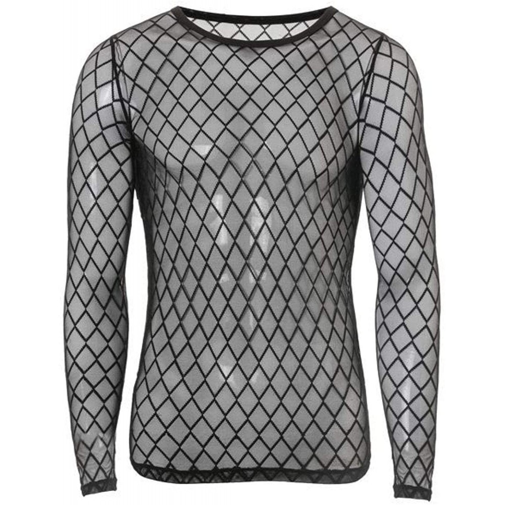 Undershirts Men's Sexy Fishnet See Through Tank Top Muscle Workout Mesh Transparent Breathable Long Sleeve - Black - CP19DLQ80KX