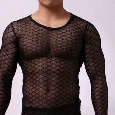 Undershirts Men's Sexy Fishnet See Through Tank Top Muscle Workout Mesh Transparent Breathable Long Sleeve - Black - CP19DLQ80KX