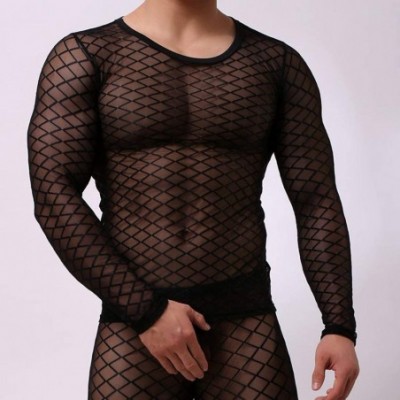 Undershirts Men's Sexy Fishnet See Through Tank Top Muscle Workout Mesh Transparent Breathable Long Sleeve - Black - CP19DLQ80KX