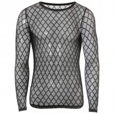 Undershirts Men's Sexy Fishnet See Through Tank Top Muscle Workout Mesh Transparent Breathable Long Sleeve - Black - CP19DLQ80KX