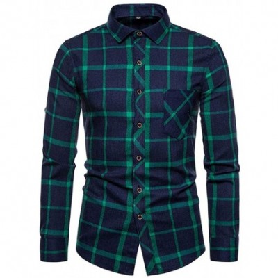 Trunks Mens Casual Fashion Plaid Long Sleeve Lapel Shirt Top Blouse - Mint Green - C4195SQS0ME