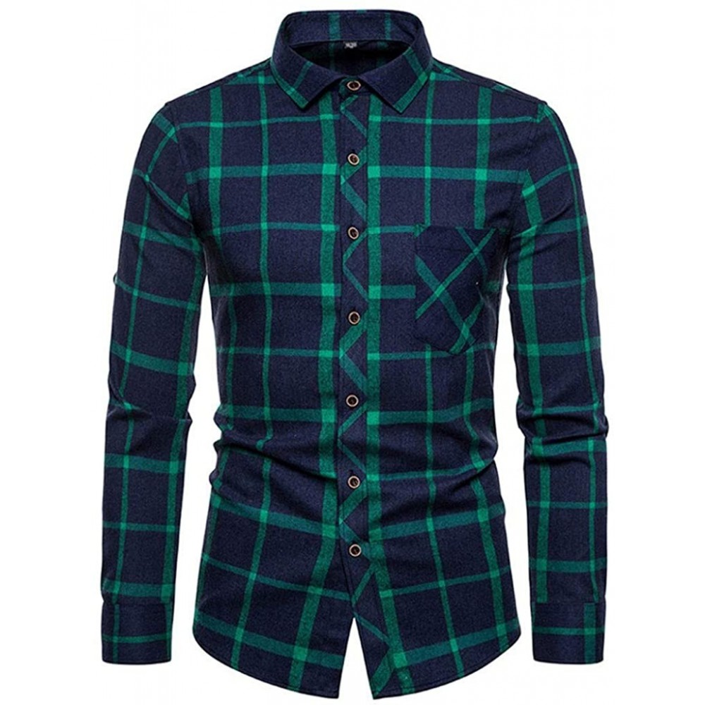 Trunks Mens Casual Fashion Plaid Long Sleeve Lapel Shirt Top Blouse - Mint Green - C4195SQS0ME