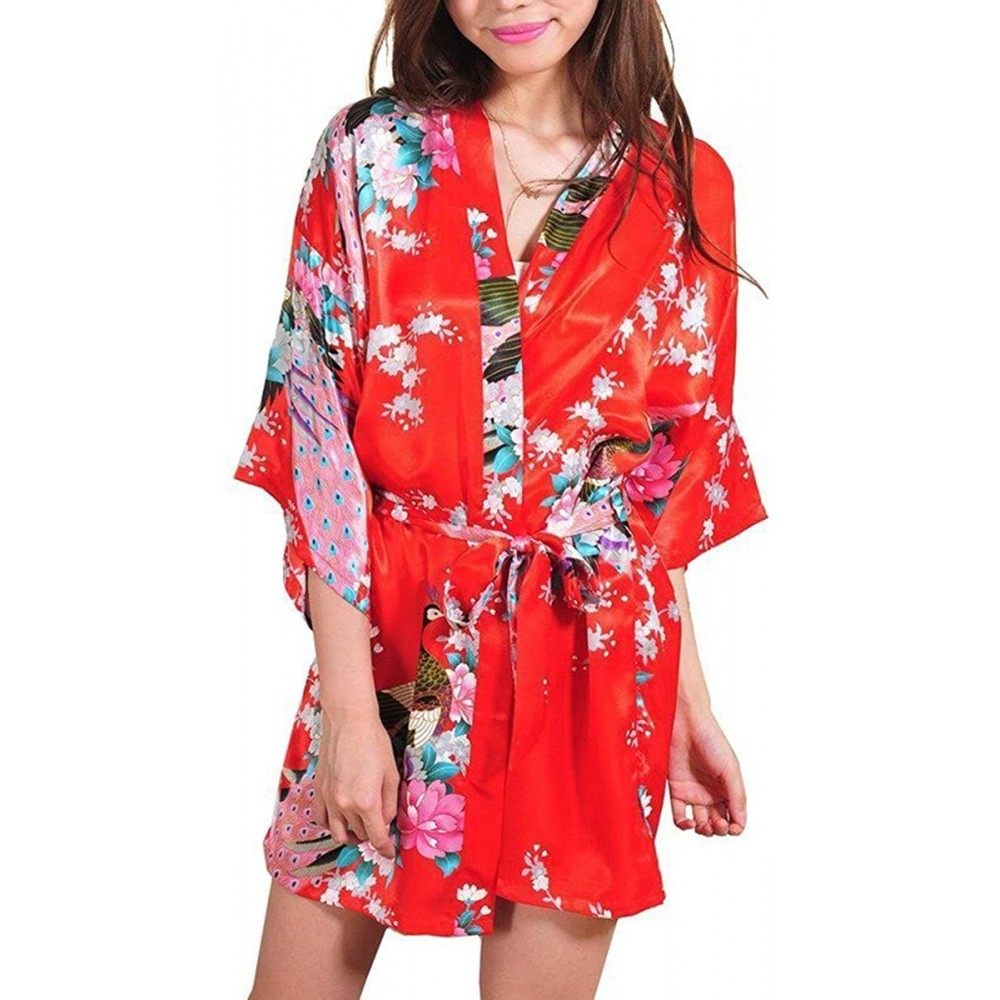 Robes Women's Sexy Japanese Kimono Silk Short Robe Peacock Nightgown Sleepwear - Red - CC183D7M3ZZ