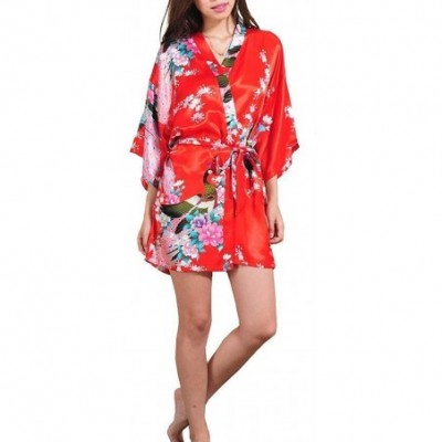 Robes Women's Sexy Japanese Kimono Silk Short Robe Peacock Nightgown Sleepwear - Red - CC183D7M3ZZ