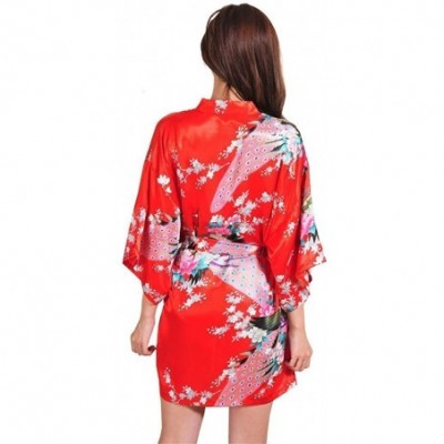 Robes Women's Sexy Japanese Kimono Silk Short Robe Peacock Nightgown Sleepwear - Red - CC183D7M3ZZ