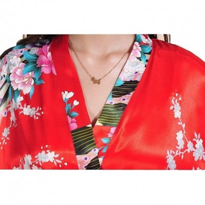 Robes Women's Sexy Japanese Kimono Silk Short Robe Peacock Nightgown Sleepwear - Red - CC183D7M3ZZ