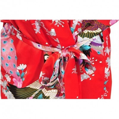 Robes Women's Sexy Japanese Kimono Silk Short Robe Peacock Nightgown Sleepwear - Red - CC183D7M3ZZ