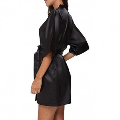 Sets PJ Women's Casual Solid 1/2 Sleeved V-Neck Bandage Satin Sleepwear Mini Dress - Black - CW18HGHG6E7