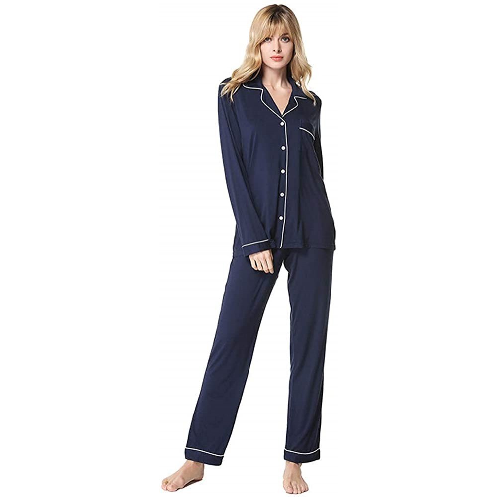 Sets Pajamas Set Long Sleeve Nightwear Button Down Sleepwear Loungewear for Women - Navy Blue - C2194HREKSK