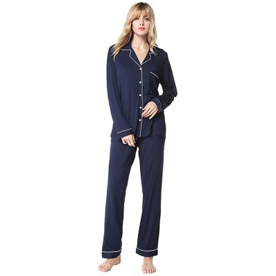 Sets Pajamas Set Long Sleeve Nightwear Button Down Sleepwear Loungewear for Women - Navy Blue - C2194HREKSK